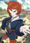  1girl :d arezu_(pokemon) bad_id bad_twitter_id bangs blue_hoodie blue_sky cloud cloudy_sky grin highres hood hoodie house long_sleeves looking_at_viewer one_eye_closed outdoors pants pokemon pokemon_(game) pokemon_legends:_arceus red_eyes red_hair red_pants short_hair sky smile solo systemofdark teeth tree 