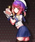  1girl black_legwear blue_skirt blush brown_background brown_eyes cake cake_slice candle closed_mouth cowboy_shot eyebrows_visible_through_hair food gloves hat heart heart_background highres holding holding_plate kantai_collection long_hair mole mole_under_eye plate pleated_skirt puffy_short_sleeves puffy_sleeves purple_hair sailor_hat school_uniform serafuku short_sleeves skirt solo thighhighs tsushima_(kancolle) twitter_username unidentified_nk white_gloves white_headwear 