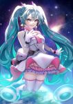  1girl :d absurdres aryuma772 bangs blue_eyes blue_hair blush braid eyebrows_visible_through_hair floating_hair full_body gloves hair_between_eyes hatsune_miku highres jacket layered_skirt long_hair miniskirt multicolored_clothes multicolored_skirt open_mouth pink_skirt purple_skirt shiny shiny_clothes shiny_legwear skirt sleeveless sleeveless_jacket smile solo space thighhighs twintails very_long_hair vocaloid white_gloves white_jacket white_legwear white_skirt yellow_skirt 