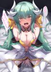  1girl @_@ absurdres bangs bare_shoulders bikini blush bow breasts cleavage detached_collar dragon_girl dragon_horns fate/grand_order fate_(series) green_hair hair_bow highres horns japanese_clothes kazami_chiu kimono kiyohime_(fate) kiyohime_(swimsuit_lancer)_(fate) long_hair long_sleeves looking_at_viewer medium_breasts multiple_horns off_shoulder open_mouth sitting solo swimsuit tearing_up thighhighs wariza wavy_mouth white_kimono white_legwear wide_sleeves yellow_bikini yellow_bow yellow_eyes 