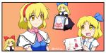  4girls alice_margatroid alice_margatroid_(pc-98) apron ascot black_dress blonde_hair blue_bow blue_dress blue_hairband blue_skirt bow capelet closed_mouth collared_shirt doll dress frilled_capelet frills hair_bow hairband hakurei_reimu hakurei_reimu_(pc-98) happy holding hourai_doll long_hair minigirl multiple_girls open_mouth pink_ascot portrait_(object) puffy_short_sleeves puffy_sleeves rakkidei red_bow red_hair shanghai_doll shirt short_hair short_sleeves skirt smile suspender_skirt suspenders touhou touhou_(pc-98) white_capelet white_shirt yellow_eyes |_| 