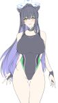  1girl animal_ears ass_visible_through_thighs bangs bare_shoulders black_hair black_swimsuit blue_archive breasts bridal_gauntlets collarbone covered_navel detached_collar green_eyes halcon halo highleg highleg_swimsuit highres large_breasts long_hair looking_at_viewer one-piece_swimsuit open_mouth ponytail shun_(blue_archive) sidelocks smile solo swimsuit thigh_strap thighs tiger_ears unfinished very_long_hair 