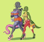  alligator alligatorid anthro big_breasts bimbofication bottomwear breasts chickenfoot clothed clothing colored crocodilian digital_media_(artwork) duo female glistening glistening_body glistening_clothing glistening_skin hi_res high_heels latex latex_clothing latex_legwear nintendo pok&eacute;mon pok&eacute;mon_(species) purse reptile salazzle scalie shopping_bag simple_background skirt smile video_games 