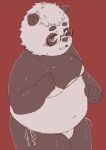  2022 anthro belly black_body clothed clothing crossdressing eyewear giant_panda glasses hi_res humanoid_hands kemono male mammal moobs overweight overweight_male red_background sankakuma_ku sasayama_akira simple_background solo underwear ursid virtual_youtuber white_body 