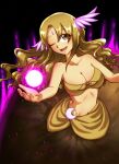  1girl adapted_costume blonde_hair bra breasts cleavage collarbone commentary_request eyebrows_visible_through_hair eyelashes feathered_wings hand_wings happy highres kikuri_(touhou) large_breasts long_hair midriff navel one_eye_closed open_mouth sarong stomach strapless touhou touhou_(pc-98) tube_top underwear upper_body very_long_hair via-lattea wavy_hair white_wings wings yellow_bra yellow_eyes yellow_sarong 