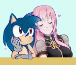  &lt;3 2019 anthro blue_body blush brown_eyes clothing duo eulipotyphlan eyes_closed fan_character female hair hedgehog human lavenderaraliya long_hair looking_at_another looking_at_partner male mammal megurine_luka pink_hair sega simple_background sleeping_on_partner sonic_the_hedgehog_(series) vocaloid 