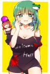  +_+ 2girls bangs bare_shoulders black_headwear black_shirt blush border breasts brown_shirt closed_eyes clothes_writing collarbone commentary_request cosplay embarrassed eyebrows_visible_through_hair eyes_visible_through_hair frog_hair_ornament green_eyes green_hair green_skirt hair_between_eyes hair_ornament hand_up heart heart_print hecatia_lapislazuli hecatia_lapislazuli_(cosplay) highres kochiya_sanae large_breasts looking_down medium_breasts multiple_girls no_pants off-shoulder_shirt off_shoulder open_mouth polos_crown red_hair shirt short_hair short_sleeves simple_background skirt smile snake_hair_ornament star_(symbol) t-shirt touhou underworld_(ornament) white_border yellow_background zeroko-san_(nuclear_f) 