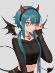  1girl ahoge bags_under_eyes bangs bare_shoulders bianca_(black_survival) black_skirt black_survival black_sweater black_wings blue_hair bracelet breasts chain choker claw_pose colored_eyelashes cross ddollydonut demon_horns demon_wings facial_mark fake_horns grey_background grin hair_between_eyes hairband hand_up heart horns jewelry long_sleeves looking_at_viewer low_twintails midriff off-shoulder_sweater off_shoulder pendant pleated_skirt red_eyes red_nails sidelocks simple_background skirt sleeves_past_wrists smile solo sweater symbol-shaped_pupils twintails upper_body wing_ornament wings 