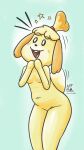  animal_crossing anthro blonde_hair breasts canid canine canis covering covering_breasts covering_self domestic_dog female fur hair happy hi_res isabelle_(animal_crossing) leaning leaning_forward mammal neatnick nintendo nude open_mouth shih_tzu simple_background small_breasts smile solo star surprise toy_dog video_games yellow_body yellow_fur 