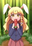  1girl :3 absurdres alternate_costume animal_ears bamboo bamboo_forest bangs blazer blonde_hair blouse braid buttons carrot collared_blouse eating forest highres jacket kirisame_marisa long_hair medium_skirt nature necktie pleated_skirt rabbit_ears red_neckwear red_skirt single_braid skirt solo touhou white_blouse xanadu_avici yellow_eyes 