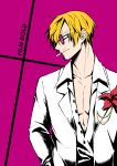  1boy blonde_hair cigarette commentary_request facial_hair flower hair_over_one_eye highres long_sleeves male_focus mouth_hold one_piece open_clothes open_shirt purple_background sanji short_hair simple_background smile sorase_(srsrs_000) sunglasses teeth 