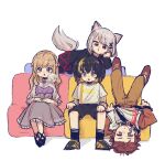  2boys 3girls :o animal_ear_fluff animal_ears bangs black_footwear black_hair black_shorts blonde_hair braid brown_footwear brown_hair brown_jacket brown_pants chibi couch crown_braid eyebrows_visible_through_hair fox_ears fox_tail gaon_(nijisanji) green_eyes grey_hair grey_shirt grey_skirt highres jacket kunni lee_siu min_suha multicolored_hair multiple_boys multiple_girls nijisanji nijisanji_kr oh_jiyu open_mouth pants red_eyes shirt shorts skirt so_nagi streaked_hair tail virtual_youtuber 