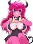  1girl alma_(onsoku_inu) bandeau black_dress blush breasts brooch closed_mouth demon_tail dress hands_up highres horns jewelry looking_at_viewer onsoku_inu original pink_hair pink_legwear purple_eyes sagging_breasts simple_background solo tail thighhighs white_background wide-eyed 