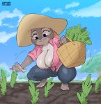  absurd_res anthro areola basket big_breasts bottomwear breasts buckteeth carrot cleavage clothed clothing container crouching denim denim_clothing disney female food hi_res holding_object huge_breasts jeans joaoppereiraus judy_hopps lagomorph leporid mammal pants plant rabbit solo sun_hat teeth vegetable zootopia 