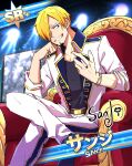  between_fingers blonde_hair chair cigarette commentary_request crossed_legs facial_hair feet_out_of_frame hair_over_one_eye hands_on_own_face highres jewelry male_focus one_piece sanji short_hair sitting smile sorase_(srsrs_000) stage_lights teeth 