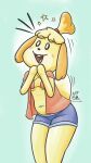  animal_crossing anthro bikini bikini_top blonde_hair blue_bottomwear blue_clothing blue_shorts bottomwear breasts canid canine canis clothed clothing domestic_dog female fur hair happy hi_res isabelle_(animal_crossing) leaning leaning_forward mammal neatnick nintendo open_clothing open_mouth open_shirt open_topwear orange_bikini orange_clothing orange_shirt orange_swimwear orange_topwear shih_tzu shirt shorts simple_background small_breasts smile solo star surprise swimwear topwear toy_dog video_games yellow_body yellow_fur 