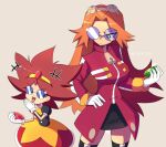  2girls :d absurdres black_skirt breasts brown_hair chaos_emerald closed_mouth coat dr._eggman eggette eggmaam gem genderswap genderswap_(mtf) glasses gloves highres holding holding_gem long_hair looking_at_another multiple_girls nekiis ojou-sama_pose orange_hair puffy_sleeves red_coat shirt skirt smile sonic_(series) sonic_mania spiked_hair thighhighs white_gloves zipper_pull_tab 