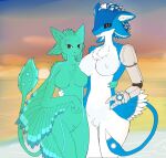  4_ears anthro avali beach blue_body blue_feathers blue_tail breasts chest_tuft crotch_tuft cybernetic_limb daro_silvertail duo feathers female green_breasts green_tail hand_on_hip herm herm_(lore) hi_res intersex intersex/female looking_at_viewer mangakitsune2 medium_breasts multi_ear naturally_censored nipple_tuft nude renaka_(avali) seaside slit smile smirk sunset tuft water white_body white_breasts white_feathers winged_arms wings 