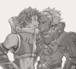  abs arm_around_neck armor bare_pectorals bare_shoulders chain closed_eyes collar commission commissioner_upload dark-skinned_male dark_skin dlanon fire_emblem fire_emblem_awakening gauntlets greyscale hairband hetero monochrome pectorals scar scar_on_cheek scar_on_face short_hair smile sully_(fire_emblem) upper_body vaike_(fire_emblem) 