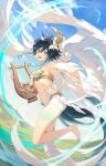  1boy angel_wings armpits barefoot blue_hair blue_sky braid crop_top day feathers feet full_body genshin_impact gradient_hair green_eyes harp highres instrument looking_at_viewer male_focus midriff multicolored_hair open_mouth otoko_no_ko outstretched_arm qilu_xunhua shorts single_thighhigh sky thighhighs toes twin_braids two-tone_hair venti_(genshin_impact) white_legwear white_shorts wings 