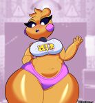  absurd_res animatronic anthro avian beakless belly big_breasts bird blush blush_stickers bottomwear breasts chicken clothing english_text female five_nights_at_freddy&#039;s five_nights_at_freddy&#039;s_2 galliform gallus_(genus) hi_res huge_hips huge_thighs machine navel non-mammal_breasts open_mouth phasianid robot scottgames shirt shorts slightly_chubby solo text thiccchicken thick_thighs topwear toy_chica_(fnaf) video_games white_eyes wide_hips yellow_body 