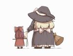  2girls absurdres back_bow black_dress blonde_hair bow broom brown_footwear dress facing_away food frilled_bow frills from_behind full_body giving_food gohei hair_bow hakama hakurei_reimu hakurei_reimu_(pc-98) hand_up hat highres holding holding_broom holding_stick japanese_clothes kirisame_marisa long_hair multiple_girls onigiri petticoat purple_hair red_bow red_hakama royl simple_background size_difference standing stick touhou touhou_(pc-98) white_background white_bow wide_sleeves witch_hat 