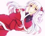  1girl black_bow bow capelet commentary_request dress grey_hair hair_bobbles hair_ornament long_hair long_sleeves lying open_mouth purple_eyes red_capelet red_dress shinki_(touhou) side_ponytail simple_background touhou touhou_(pc-98) white_background wide_sleeves zeroko-san_(nuclear_f) 