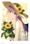  1girl absurdres bangs bare_shoulders blush dress eyebrows_visible_through_hair fingernails flower frilled_dress frills hat highres holding long_hair looking_at_viewer original page_number parted_lips purple_eyes purple_hair simple_background sleeveless solo sun_hat sunflower upper_body white_dress yashiro_seika 