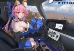  1girl animal_ear_fluff animal_ears bangs bare_shoulders blue_bow blue_kimono blue_legwear blue_sky blush bow breasts car car_interior cleavage cloud commentary commission detached_collar detached_sleeves driving english_commentary eyebrows_visible_through_hair fate/extra fate_(series) fox_ears fox_girl fox_tail ground_vehicle hair_between_eyes hair_bow indoors japanese_clothes kamehito kimono large_breasts long_hair long_sleeves looking_at_viewer motor_vehicle mountain obi open_mouth patreon_logo pink_hair platform_footwear sash sidelocks sky smile solo split_ponytail steering_wheel tail tamamo_(fate) tamamo_no_mae_(fate/extra) thighhighs wide_sleeves yellow_eyes zettai_ryouiki 
