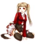  1girl :d asmodeus_(umineko) bangs between_legs black_legwear black_leotard blonde_hair blush breasts collared_shirt full_body garter_straps hand_between_legs jacket leotard long_hair long_sleeves looking_at_viewer medium_breasts misumi_kouji navel necktie open_clothes open_jacket open_mouth pink_necktie red_eyes red_jacket shirt showgirl_skirt simple_background smile solo stakes_of_purgatory thighhighs twintails umineko_no_naku_koro_ni white_background white_shirt wing_collar 