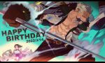  1boy birthday_cake cake cigar coat coat_on_shoulders fighting_stance food fur-trimmed_jacket fur_trim gloves happy_birthday highres holding holding_cake holding_food holding_weapon jacket jitte male_focus one_piece qin_(7833198) smoke smoker_(one_piece) smoking solo_focus tashigi weapon white_hair 