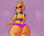  animatronic anthro avian bib big_butt bird blush blush_stickers bottomwear breasts butt chicken clothing female five_nights_at_freddy&#039;s five_nights_at_freddy&#039;s_2 galliform gallus_(genus) hi_res huge_butt huge_thighs looking_back looking_down machine non-mammal_breasts phasianid robot scottgames shorts smile solo thiccchicken thick_thighs toy_chica_(fnaf) video_games white_eyes yellow_body 