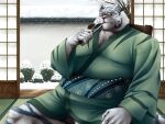  2012 anthro asian_clothing belly clothing detailed_background east_asian_clothing felid humanoid_hands inside japanese_clothing kemono kumao male mammal overweight overweight_male pantherine sitting snow solo tiger unavailable_at_source white_body winter 