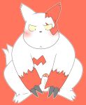  2008 anthro balls black_nose blush erection genitals kemono male nintendo penis penta002 pok&eacute;mon pok&eacute;mon_(species) red_background red_body simple_background slightly_chubby solo video_games white_body zangoose 