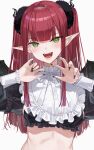  1girl 7gao bangs black_nails breasts cosplay demon_horns demon_wings eyebrows_visible_through_hair fangs frills highres horns kitagawa_marin light_blush long_hair long_pointy_ears long_sleeves looking_at_viewer open_mouth pointy_ears puffy_sleeves red_hair rizu-kyun rizu-kyun_(cosplay) smile solo sono_bisque_doll_wa_koi_wo_suru twintails upper_body white_background wings 