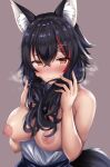  1girl animal_ears black_hair breasts brown_eyes closed_mouth hair_between_eyes hair_ornament highres hololive large_breasts long_hair multicolored_hair nipples ookami_mio red_hair shiki_(catbox230123) solo streaked_hair tail virtual_youtuber wolf_ears wolf_tail x_hair_ornament 