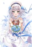  1girl :d arm_strap bangs blue_flower blue_ribbon blue_rose blunt_bangs bouquet braid breasts bride cleavage dated dress emblem falling_petals flower flower_necklace genshin_impact green_eyes hair_flower hair_ornament hair_ribbon highres holding holding_bouquet holding_flower jewelry large_breasts looking_at_viewer maid_headdress miaogujun necklace noelle_(genshin_impact) petals ribbon rose short_hair signature silver_hair smile solo white_dress 