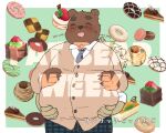  2021 anthro belly_grab blush brown_body brown_fur cake clothing cookie dessert doughnut embrace eyes_closed fat_bear_week food fur hug hugging_from_behind japanese_text kemono male mammal necktie neco_no2 overweight overweight_male shirt text topwear ursid 