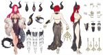  1girl absurdres aoin bare_shoulders black_dress blue_eyes breasts character_sheet dragon_queen_hane dress earrings feather_boa high_heels highres horns indie_virtual_youtuber jewelry large_breasts long_hair mechanical_horns mechanical_tail multiple_views navel red_hair see-through tail white_footwear 