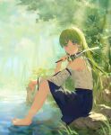  1girl :| barefoot blue_skirt closed_mouth detached_sleeves expressionless eyebrows_visible_through_hair forest full_body gohei grass green_eyes green_hair hair_ornament hair_tubes highres holding holding_clothes holding_legwear jessicaxx knees_up kochiya_sanae leaf legwear_removed long_hair looking_at_viewer looking_to_the_side nature on_ground outdoors pond rock shirt single_sidelock sitting skirt snake snake_hair_ornament soaking_feet socks solo symbol-only_commentary touhou tree water white_legwear white_shirt wide_sleeves 