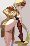  1girl artist_name ashiomi_masato blonde_hair blue_eyes commentary_request fingerless_gloves fur_hat gloves guilty_gear guilty_gear_strive hat highres long_hair long_sleeves millia_rage pantyhose pulled_by_self shiny shiny_skin simple_background solo thighs tied_hair ushanka 