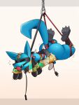  2022 3_toes anthro ball_gag balls bdsm bondage bound butt captured claws collar digital_media_(artwork) erection eyes_closed feet gag genitals hi_res jewelry leash lucario male nintendo penis pok&eacute;mon pok&eacute;mon_(species) restraints rope rope_bondage ruins_style_lucario simple_background spikes story_at_source struggling suspension toes video_games white_background zinnick 