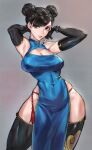  1girl absurdres armpits arms_up bangs black_eyes black_hair black_legwear blue_dress breasts china_dress chinese_clothes chun-li cleavage cleavage_cutout clothing_cutout commentary covered_navel double_bun dress earrings elbow_gloves fingerless_gloves gloves gold_trim grey_background highres jewelry kyuuakaku looking_at_viewer makeup medium_breasts parted_lips shiny shiny_clothes shiny_hair simple_background sleeveless sleeveless_dress smile street_fighter street_fighter_ii_(series) thighhighs thighs tied_hair turtleneck 