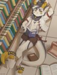  amber_eyes anthro bell bell_collar book bookshelf bottomwear bovid caprine clothing collar ear_piercing elbow_tufts furniture goat hand_behind_head hi_res horn hybrid lemur library looking_at_viewer lying male mammal neck_tuft on_back pawpads piercing primate qftalorz reading reading_book relaxing rope rope_knot shorts solo strepsirrhine tuft 