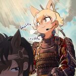  alternate_costume animal_ears armor blonde_hair blush bow_(weapon) brown_eyes brown_hair brown_thoroughbred_(kemono_friends) coyote_(kemono_friends) coyote_ears coyote_girl extra_ears eyebrows_visible_through_hair headgear highres horse_ears horse_girl japanese_armor kemono_friends kemono_friends_v_project mcgunngu microphone multicolored_hair samurai short_hair sunlight weapon white_hair yellow_eyes 