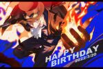  1boy ascot blonde_hair coat eyewear_on_headwear fire happy_birthday hat highres holding holding_pipe holding_weapon long_sleeves male_focus one_piece pipe qin_(7833198) sabo_(one_piece) scar scar_on_face smile solo weapon 