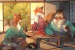  alcohol asian_clothing beverage canid canine clothing east_asian_clothing eating eating_food food fox haori japanese_clothing kimono mammal mustela mustelid musteline raccoon_dog sitting smile sony-shock sony_shock sushi tanuki true_musteline 