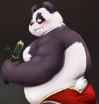  2022 anthro bamboo belly blush butt clothing eating giant_panda humanoid_hands kemono male mammal meg_hoi overweight overweight_male simple_background solo underwear ursid 