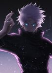  1boy black_coat blue_eyes coat colored_eyelashes crossed_fingers gojou_satoru grin highres jujutsu_kaisen long_sleeves looking_at_viewer male_focus remsor076 short_hair silver_hair smile solo upper_body 