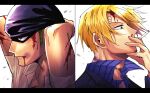  2boys bandana between_fingers blonde_hair blood blood_on_face cigarette commentary_request facial_hair green_hair highres looking_to_the_side male_focus mouth_hold multiple_boys one_piece opposing_sides profile roronoa_zoro short_hair simple_background sorase_(srsrs_000) white_background 